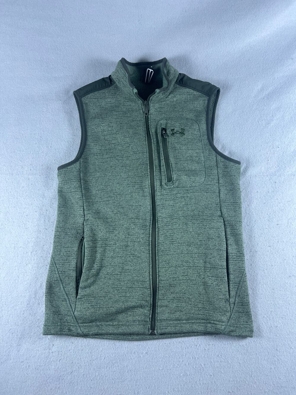 Under Armour Fleece Vest Mens M Green Full Zip Mock Neck Chest Pocket Layering